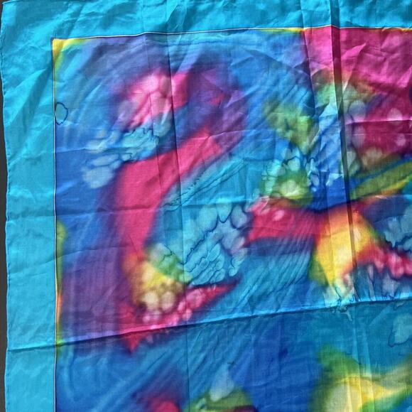 Handcrafted Multicolor‎ Tie Dye 100% Silk Scarf 34"x 35" Rolled Edge Handsewn - Picture 3 of 7